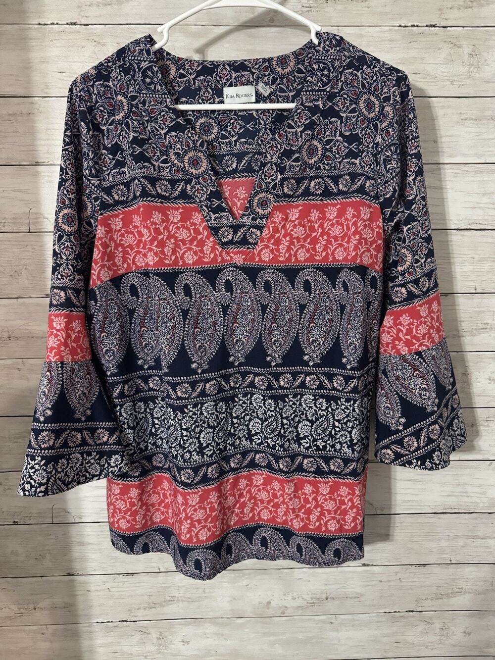 Kim Rogers Women’s Large V Neck Lightweight Blouse Shirt Bell Sleeve Blue Pink